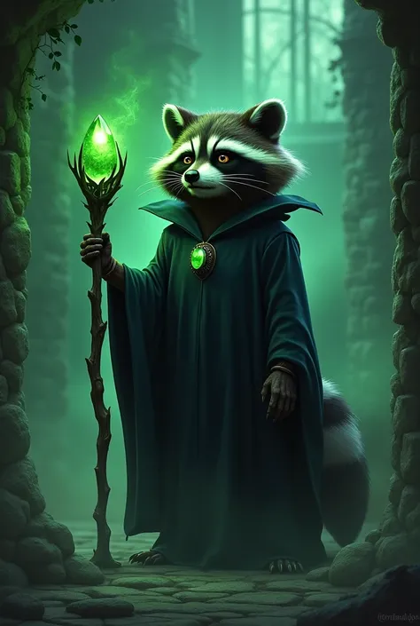  Create an animated artwork of a raccoon like the villain of Sleeping Beauty Cida,  the raccoon is in a ruined castle setting ,  wearing a dark-colored wizards robe ,  holding a scepter with a large emerald jewel on top ,  the scepter looks like dark wood ...