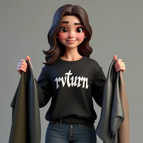 Jeune femme brune sui souris avec un sweat noir avec écrit « RVTURN »  en graffiti en blanc sur son pull, qui tient dans ses mains des vetements pour vinted,Rendu 3D