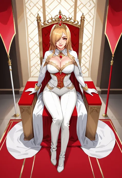  score_9,  score_8_above,  score_7_above,   source  _animated, 1mature_femenino,  full body ,  sitting on a large gold and red throne ,  flirty look,  golden hair,  hair over one eye, Gold crown and red jewels,  long hair, bright scarlet eyes  , delgado,  ...