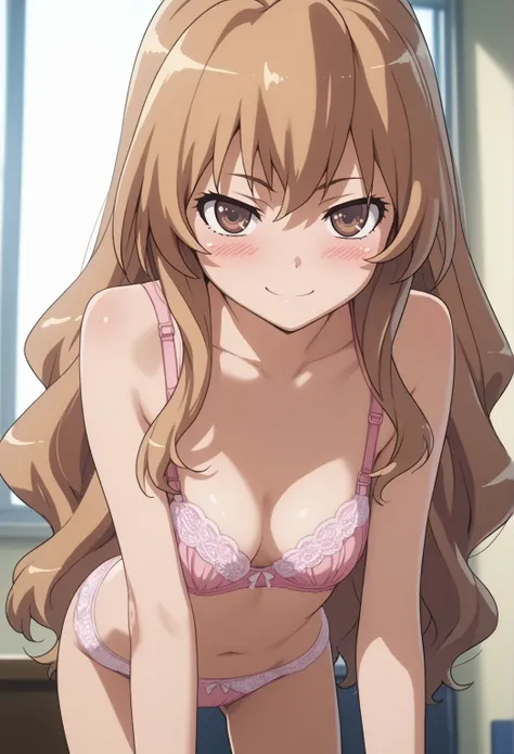 score_9, score_8_up, score_7_up, source_anime, taigaaisaka, taiga aisaka, long hair, brown hair, brown eyes, takeda hiromitsu style, small breasts,,                              seductive smile, seductive eyes,  black-pink lingerie,bra,blush,bent over,lean...