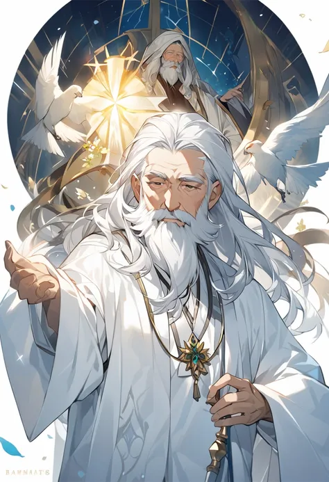 Create the image of an old man, with long white hair and a long white beard, dressed in a white tunic, divinity emanates from him and with a look full of peace and mercy.