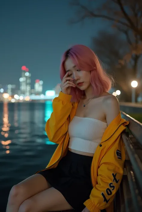  A beautiful beautiful Korean woman top 5 model Asian woman is sitting alone on a bench in front of the Han River, In Korea,  skirt with your hand on your face,  Wiping Away the Tears . She has smooth pink hair and wears a white tube mini top , , a short b...