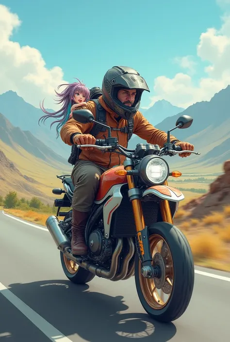 Man driving a adventure bike, with a nápense waifu