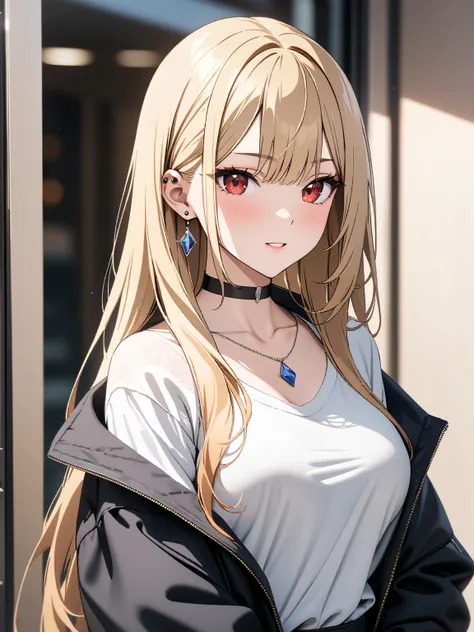 Kitagawa Marin, masterpiece:1.5, masterpiece, highest quality, 1girl, カーボーイショット, blonde hair, long hair, multicolored hair, red eyes, jewelry, earrings, piercing, black choker, UHD, retina, masterpiece, accurate, anatomically correct, textured skin, super ...