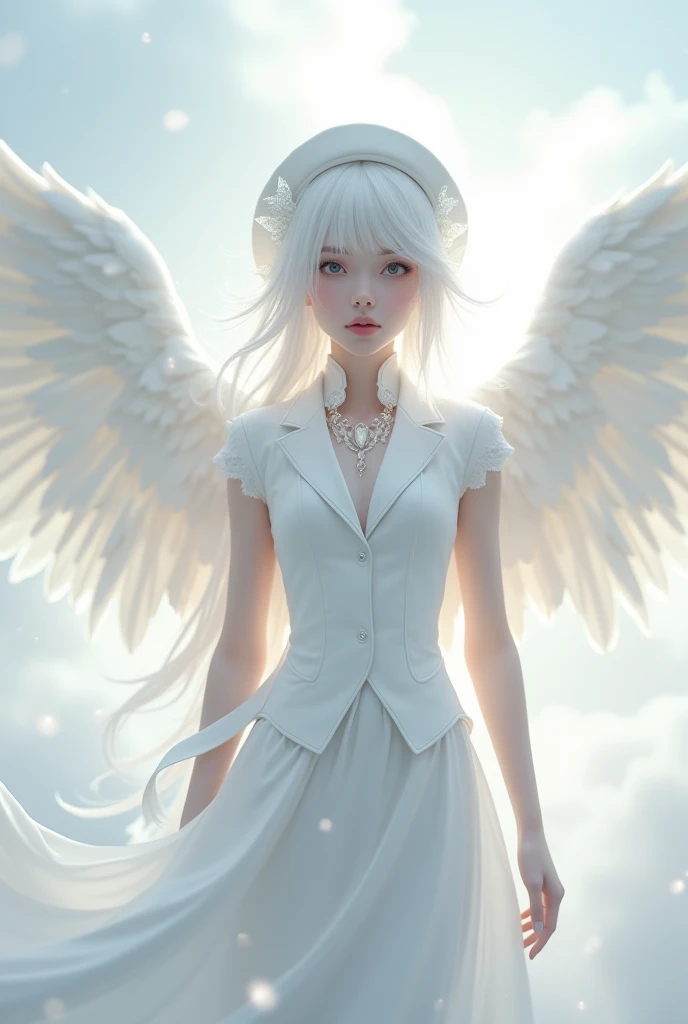 My character has white hair with a white hat, white clothes, a white vest and white wings. 
