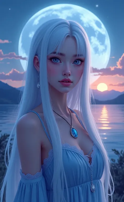 1 woman, Serene expression,  mesmerizing eyes ,  very long, smooth hair ,  white hair,  indigenous features, flowing dress,  chubby body,  balanced posture,  porcelain skin, subtle blush ,  crystal pendant
BREAK
Blue Hour  , (Hoop lighting):1.2, cold tones...