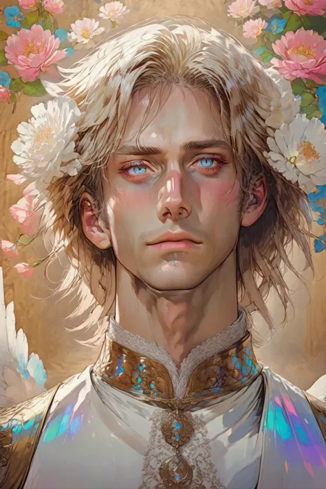 Anime guy, medieval prince, beautiful, regal, pale blonde hair, pale blonde eyelashes, light brown eyes, ethereal, 