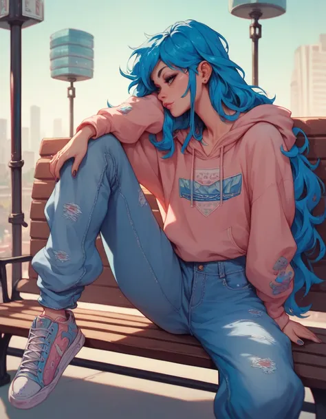 Gender neutral person, long hair, pale blue hair, baggy clothing, baggy jeans, sitting on bench, one knee up, arm resting on knee, sneakers, baggy hoodie, skater style, grunge style, city background