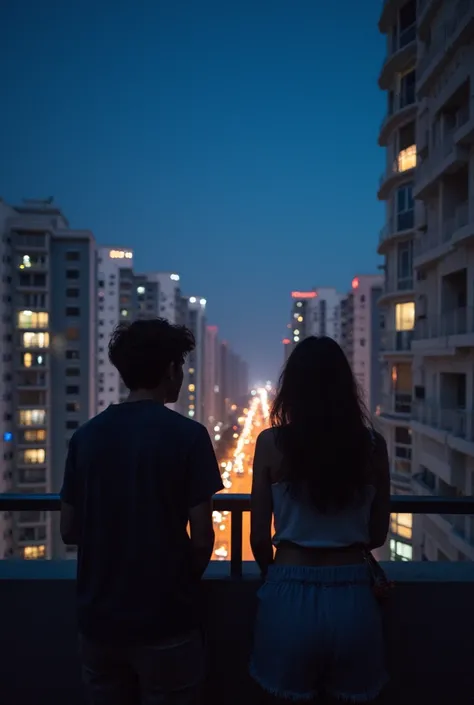 Teenagers in the city on a balcony in a night looking at the sky while the lights of the apartments shine where the city is more noticeable than the adolescent well that the view looks farther and wider