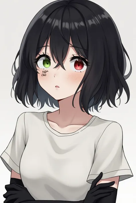 My character is about 8 thousand years old but looks like she is . She is a female with fair skin and short black hair. Her left eye is red and her right eye is green. Under her left eye is a black letter that says "zero". She wears a white short-sleeved s...