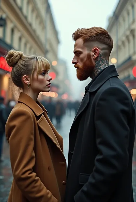  A beautiful blonde woman, Russian, She has fringes on her forehead and a tuft like Dakota Jhoson,  and the hair tied in a bun,  she wears a warm brown overcoat ,  she is face to face with a tall man , strong,  he has natural red hair , thin beard, Executi...