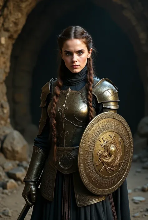 Close-up shot focus on a viscious female warrior (Emma Watson, Supermodel, extremely beautiful), 21 years old, with a fair complexion, stands in the middle of a dark, rocky cave environment. She has long dark brown braid hair that cascades down her back. H...