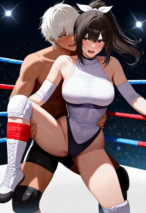 ((((masterpiece)))), (( unity 8k wallpaper, photorealistic , (( detailed face )), ((nsfw)), Female Pro Wrestler with Floating Legs,Umesaki Haruka ,Painful face, absolute center,Ponytail,ribbon,Pure white leotard,Elbow guard, leg protector ,3 ropes strung o...