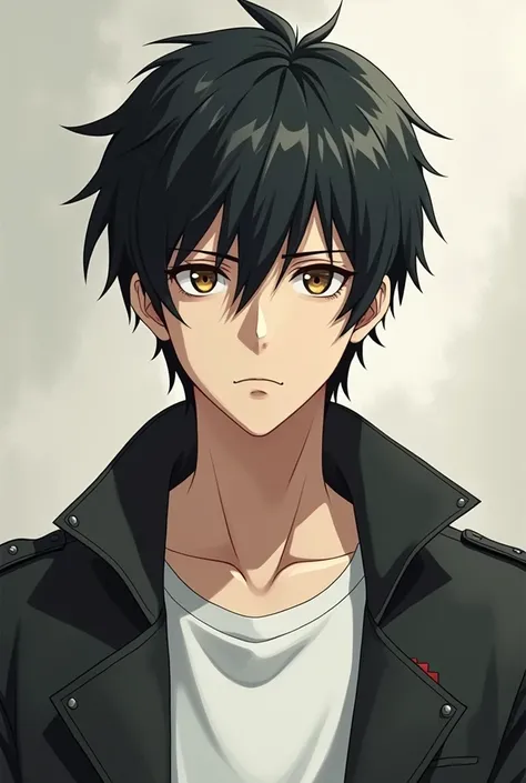 Anime character calm but serious man with black hair brown eyes and leather jacket and white shirt