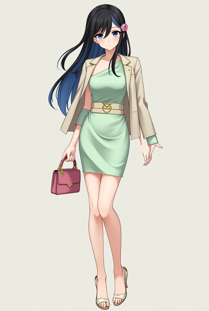 1; Full body; Female; Anime; Body Type: Adult, Lean; Bust Size: Medium; Hair Length: Long; Hair color: Black (#1A1B19) with blue (#001833) ombre, White (#FFFFFF) streak in forelocks; Hairstyle: One side pulled and pinned back by a gold (#d3af37) barrette w...