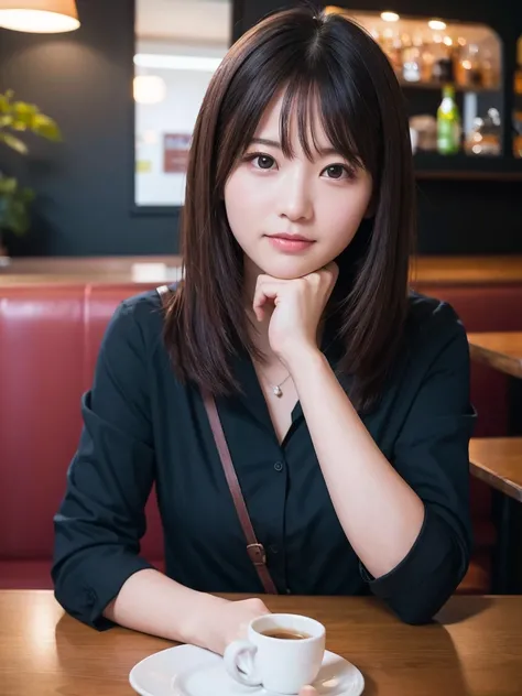 professional photograph of a female person, cafe, (best quality, ultra detailed, ultra highres:1.2)
