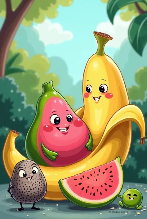 Buat gambar kartun biji chia seed, jambu biji, dan kulit pisang