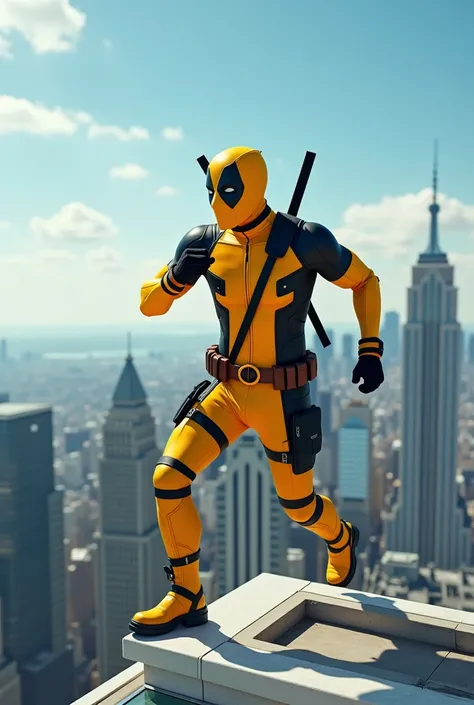 A man is doing a bye-bye jogging move on top of a tall building, wears a yellow Deadpool costume, background of high-rise building , clear sky ,HD quality,realistic image