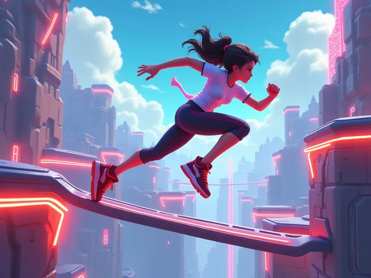 animated guy running in a parkour of obstaculos in the sky and in the background seen a de goal all the obstacules with neon lights futuristic style and holograms with things relationed with them