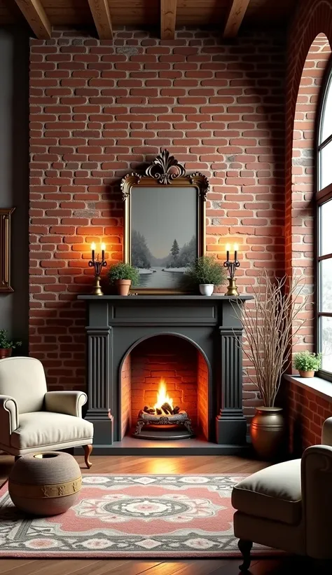 Brick wall、 nice decor、winter、fireplace、 antique、 real