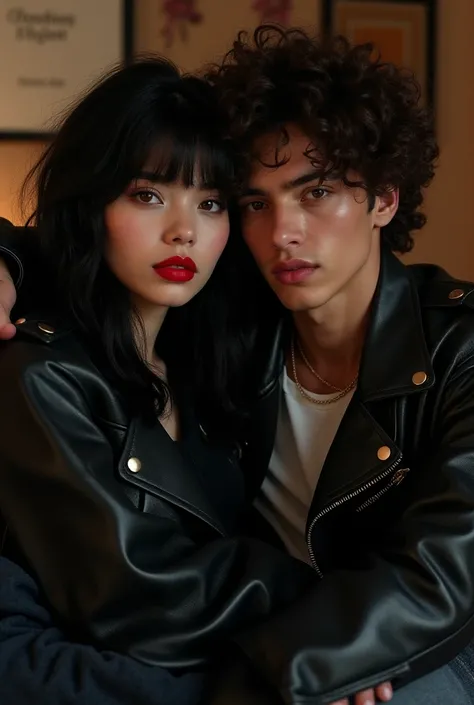 Curly guy, oversized leather jacket, dark brown eyes, sit next to his girlfriend and she has a straight black hair, dark brown eyes, red lipstick and wearing leather jacket too