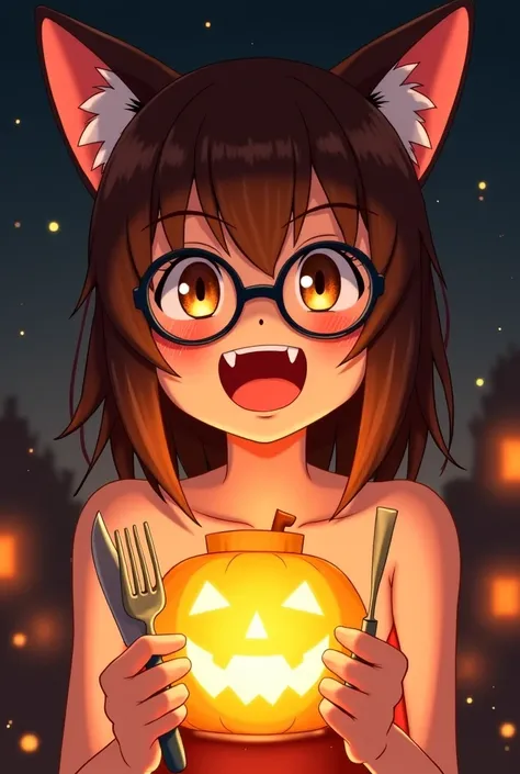  anime-style lantern:A  brunette girl with glasses keeps her mouth open like this 
So you can see all your teeth and tongue,she also has cinnamon eyes and oral teeth and is naked ,and she has a knife and fork ,with cat ears