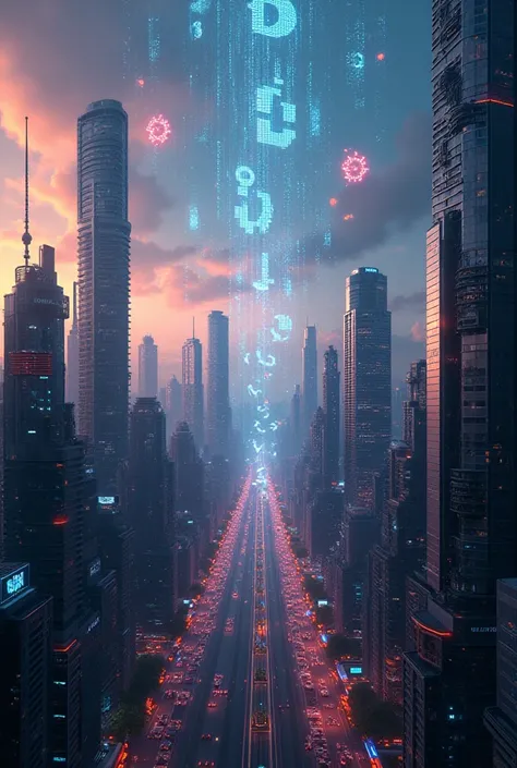  A futuristic cityscape with stock market tickers and Bitcoin symbols floating in the background.