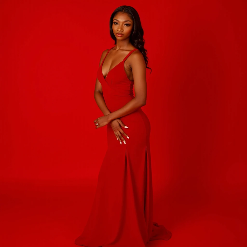 The image captures a woman posed against a deep red background that creates a bold,  monochrome aesthetic .  She stands with a confident and serene attitude ,  your body tilted slightly to the side while your face is facing the camera  ,  establishing dire...