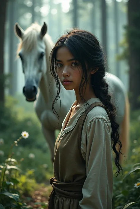 create a beautiful 18 year old girl white skin black long hair and blue eyes like ocean, poor clothes , let the background be in the forest and one unicorn behind her