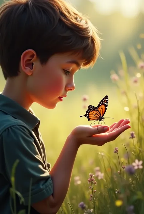 The Lesson Learned" – The butterfly, unable to fly, rests on the boy’s hand.
