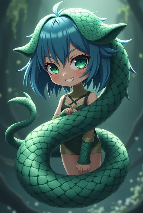 A blue haired petite anime girl with a seven foot sea serpent tail and scales on her neck and wrists. Green eyes half closed with a malicious grin.