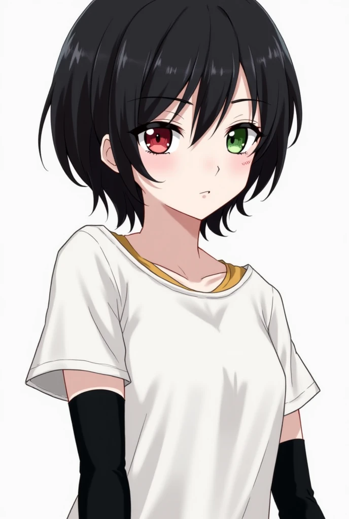 My character is about 8 thousand years old but looks like she is . She is a female with fair skin and short black hair. Her left eye is red and her right eye is green. Under her left eye is a black letter that says "zero". She wears a white short-sleeved s...