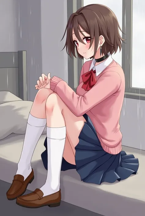 masterpiece, best quality, very aesthetic, ayase momo, dandadan, brown hair, short hair, hair between eyes, thick eyebrows, red eyes, looking at viewer, outfit_1, earrings, black choker, pink sweater, collared shirt, open collar, red bowtie, loose bowtie, ...