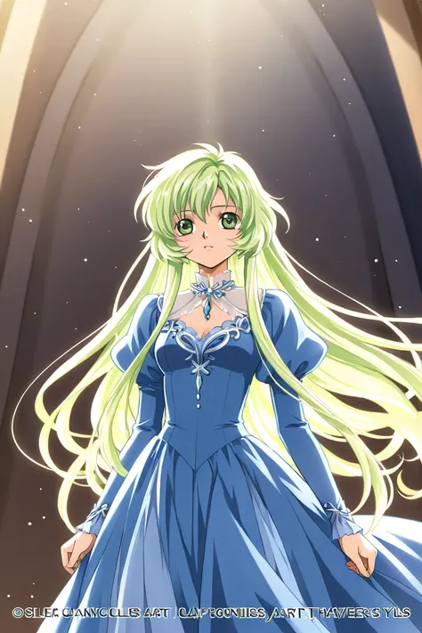 A girl that is an student. She has long straight light blonde hair with shiny green eyes with blue dress. She is brave and smiling. Clamp Tsubasa chronicles art style. 