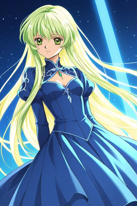 A girl that is an student. She has long straight light blonde hair with shiny green eyes with blue dress. She is brave and smiling. Clamp Tsubasa chronicles art style. 