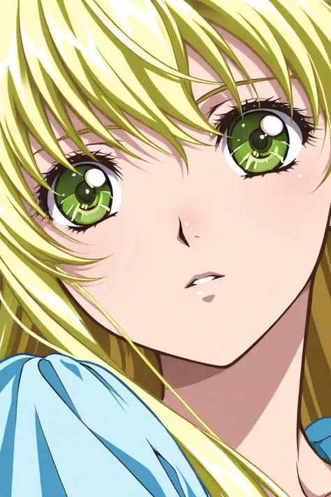 A girl that is an student. She has long straight light blonde hair with shiny green eyes with blue dress. She is brave and smiling. Close up. Clamp Tsubasa chronicles art style. 