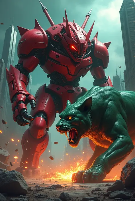 Comic: giant red wolf mecha fighting a green panther kaiju/yōkai 