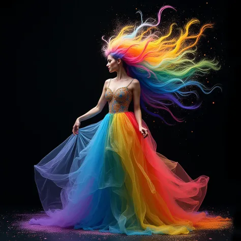 Brightly colored woman in a dress with a rainbow hair
linquivera, liiv1, rainbow scarecrow rainbow girl dancer, full body, best quality, digital painting, extremely smooth, fluid, 3d fractals, light particles, dreamy, smooth, shimmering, dreamy glow, conce...