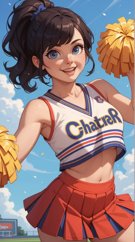 A cute cheerleader girl (18 years) with big eyes, red cheeks, freckles and a short pleated skirt. dark hair and eyes., High resolution, Masterpiece, no background