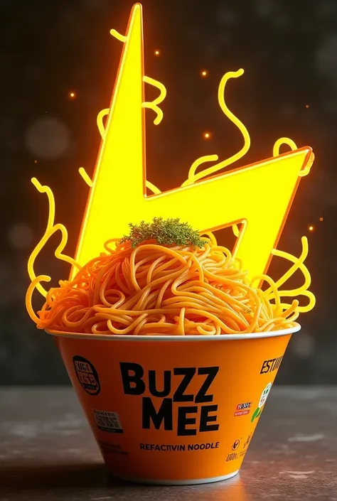 An instant noodle , packaging with the brand name “BUZZ MEE”. Noodle made out of yellow electric symbol