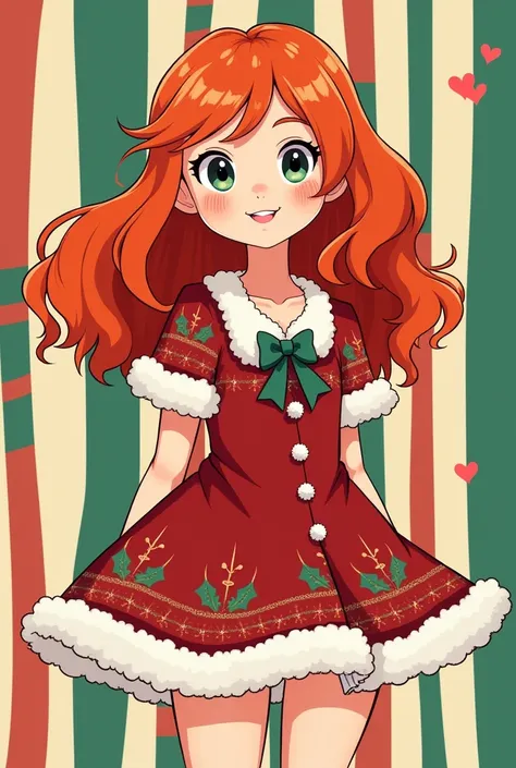 Cartoon Stripes Drawing Red Long Hair Girl Wearing Christmas Dress