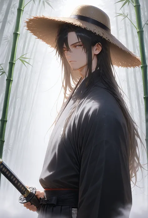 portrait, film poster, 1boy, solo, long hair, Japanese clothing, black clothing, samurai, straw hat, wearing hakama, (holding weapon, katana), plain tree, sheath, shadow, (ink painting), dramatic lighting, cinematic lighting bamboo forest background, ((rai...