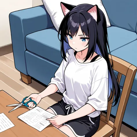  masterpiece, best quality, casual, a cute 1girl sitting on a chair, holding scissors, table, cut pieces of paper, cat ears, shirt, shorts, living room, serious