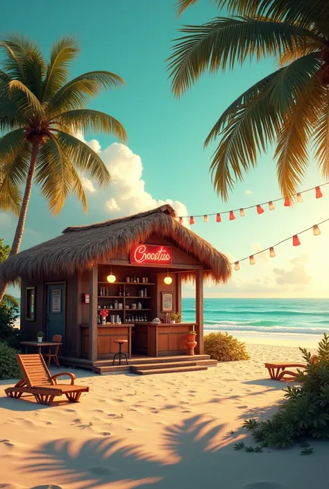 Create me a beach bar in the 1950s, little and no people 