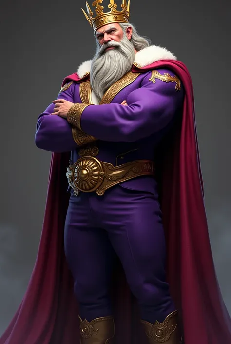 A muscular man dressed as a king  ,  with a golden crown and his purple suit with a gray  ,  beard and shiny gold hair and with his arms crossed 