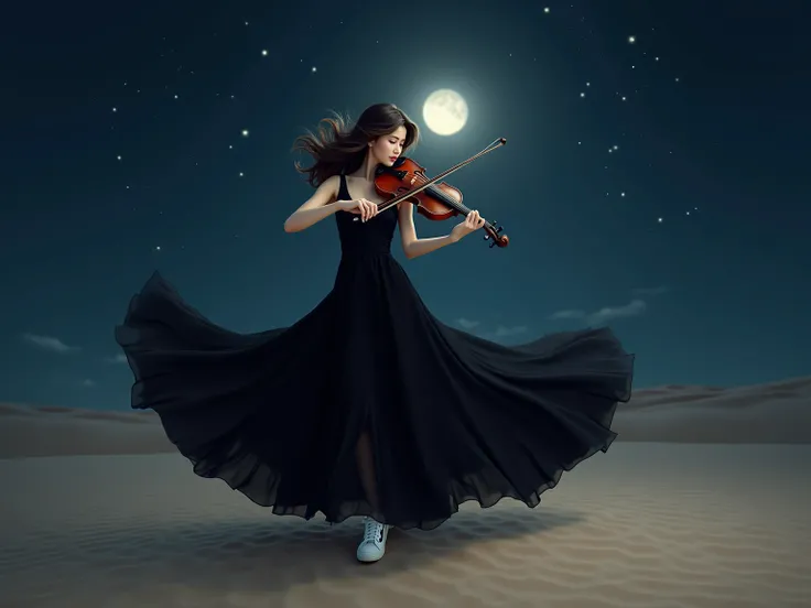 young woman with wavy hair white skin small lips dressed in a black spill that reaches her waist white sneakers full body image playing the violin dancing in the background of a night desert 