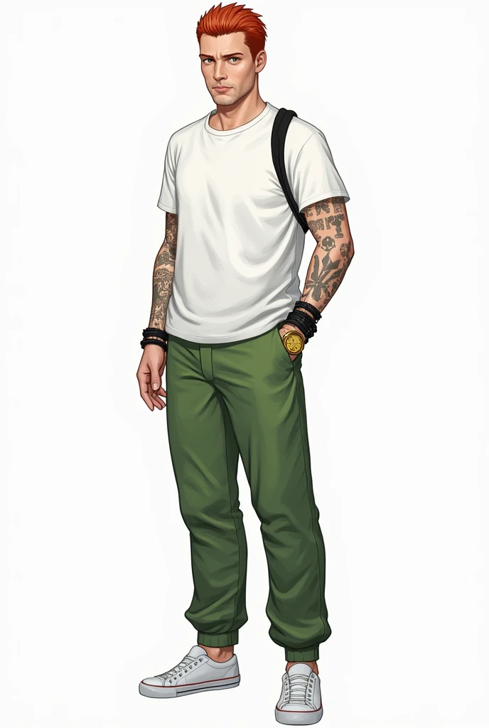  Male character .hair: Rote, Raster hair zu einem zopf nach hinten gebunden.
Face: Auffällige Faceszüge mit weißer Haut 
Kleidung:  a simple ,  white T-shirt and green pants with a subtle geometric pattern .
Accessories:
 A black shoulder strap or belt ,  ...