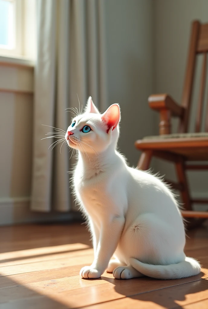 a white cat with blue eyes, in a room with a , with a brown rocking chair