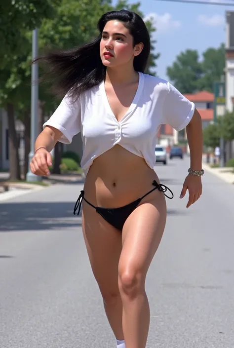 (masterpiece, best quality:1.2), a busty beautiful girl, Jennifer Connelly at age 16, whole body photo, her body looks very healthy and vivid., she is enjoying roller skating., she wears a white loose T-shirt and glossy black bikini thong., glossy long str...