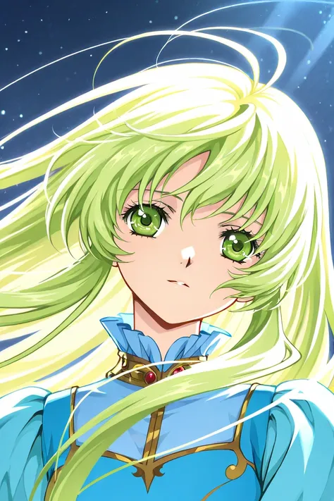 A girl that is an student. She has long straight light blonde hair with shiny green eyes with blue dress. She is brave and smiling. Close up. Clamp Tsubasa chronicles art style. 